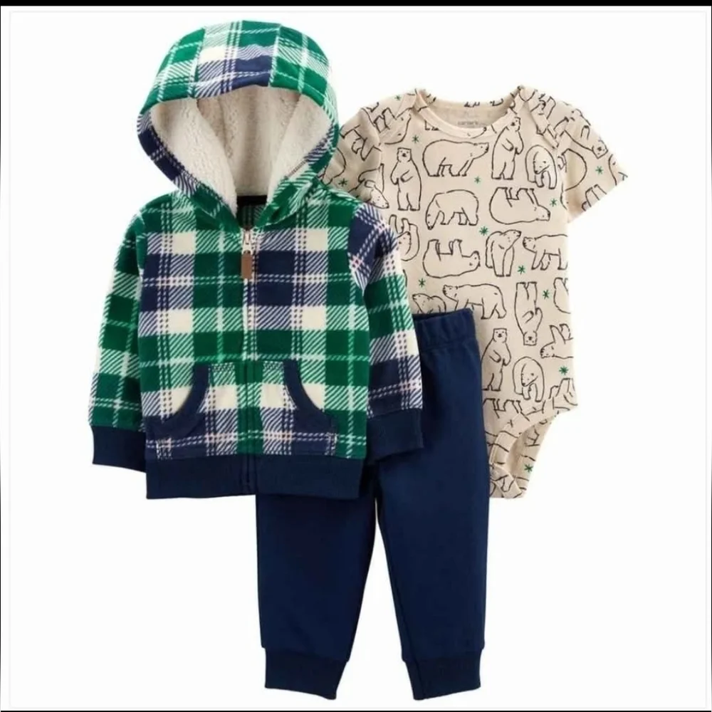 NWT Carter's 3 Pc Green Plaid Fleece Hoodie, Polar Bear Bodysuit Pants Set ~3M